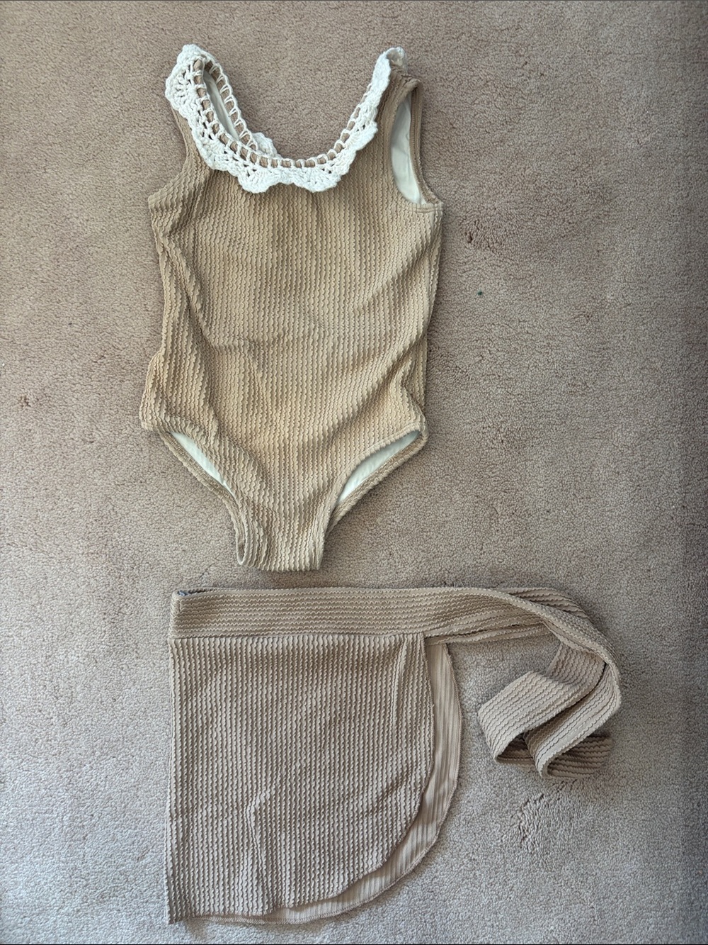 Beige Crochet-Trim One-Piece Swimsuit for Kids
